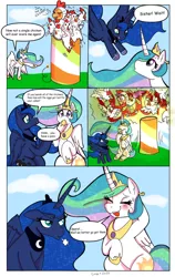 Size: 638x1007 | Tagged: safe, artist:therainbowtroll, derpibooru import, princess celestia, princess luna, scootaloo, bird, chicken, pony, animal costume, annoyed, anus, butt, cake, cakelestia, cannon, chicken suit, clothes, comic, costume, food, fuse, image, nudity, png, pony cannonball, scootachicken, silly, silly pony, simplistic anus, that princess sure is afraid of chickens, to the moon