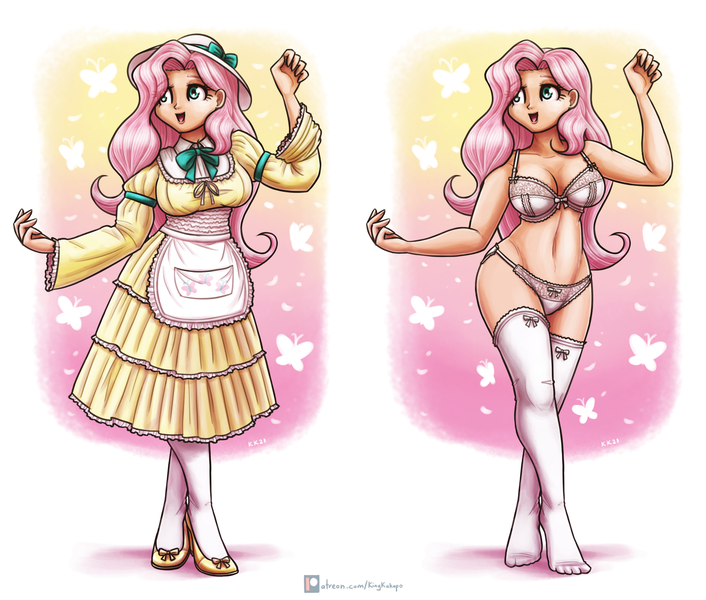 Size: 2900x2465 | Tagged: suggestive, artist:king-kakapo, derpibooru import, fluttershy, human, bow, bra, breasts, busty fluttershy, clothes, cravat, dress, frilly dress, frilly socks, frilly underwear, hat, high heels, humanized, image, lipstick, panties, png, shoes, socks, solo, stocking feet, stockings, thigh highs, underwear