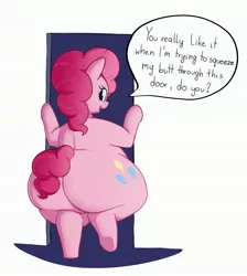 Size: 2900x3240 | Tagged: suggestive, artist:andesblorps, derpibooru import, pinkie pie, earth pony, semi-anthro, balloonbutt, butt, dialogue, doorway, fat, female, huge butt, image, jpeg, large butt, looking at you, looking back, looking back at you, pudgy pie, smiling, smiling at you, solo, solo female, speech bubble, stuck, talking to viewer, the ass was fat, underhoof, wide hips