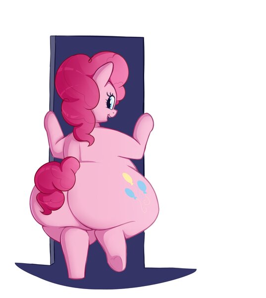 Size: 2900x3240 | Tagged: suggestive, alternate version, artist:andesblorps, derpibooru import, pinkie pie, earth pony, semi-anthro, balloonbutt, butt, doorway, fat, female, huge butt, image, jpeg, large butt, looking at you, looking back, looking back at you, pudgy pie, smiling, smiling at you, solo, solo female, stuck, textless version, the ass was fat, underhoof, wide hips