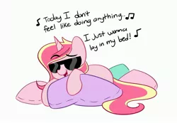 Size: 3735x2592 | Tagged: safe, artist:kittyrosie, derpibooru import, oc, oc:rosa flame, pony, unicorn, bruno mars, horn, image, jpeg, music reference, open mouth, pillow, simple background, sunglasses, unicorn oc, white background