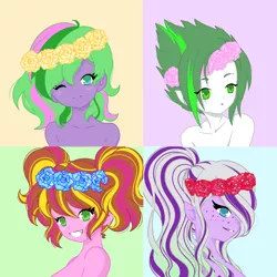 Size: 1920x1920 | Tagged: safe, artist:ocean-drop, derpibooru import, oc, oc:cherry chunga, oc:creme de la creme, oc:gem stone, oc:sapphire shine, unofficial characters only, dracony, hybrid, equestria girls, base used, elf ears, female, floral head wreath, flower, freckles, image, interspecies offspring, jpeg, offspring, parent:cheese sandwich, parent:pinkie pie, parent:rarity, parent:spike, parent:timber spruce, parent:twilight sparkle, parents:cheesepie, parents:sparity, parents:timbertwi, smiling