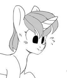 Size: 643x753 | Tagged: safe, artist:tallaferroxiv, oc, oc:radiant hex, unofficial characters only, pony, unicorn, blushing, female, grayscale, horn, image, mare, monochrome, png, raised hoof, solo, surprised, unicorn oc