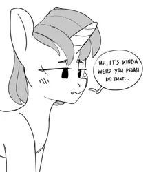 Size: 642x735 | Tagged: safe, artist:tallaferroxiv, oc, oc:radiant hex, unofficial characters only, pony, unicorn, blushing, dialogue, female, grayscale, horn, image, lidded eyes, mare, monochrome, open mouth, png, solo, unicorn oc
