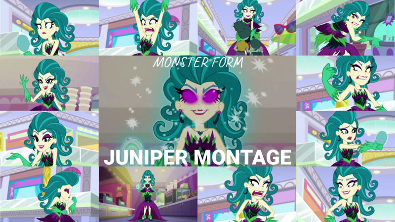 Size: 1974x1111 | Tagged: safe, derpibooru import, edit, edited screencap, editor:quoterific, screencap, juniper montage, leafy mint, mint chip, equestria girls, mirror magic, spoiler:eqg specials, angry, canterlot mall, collage, female, giantess, glowing eyes, grin, image, juniper monstar, macro, magic, male, png, purple eyes, smiling