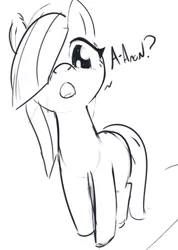 Size: 669x940 | Tagged: safe, artist:tiffortat, marble pie, oc, oc:minky, earth pony, pony, bootleg pony, cute, female, hair over one eye, image, implied anon, looking at you, mare, monochrome, offscreen character, open mouth, png, simple background, sketch, solo, standing, white background