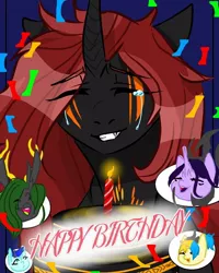 Size: 768x960 | Tagged: safe, alternate version, artist:_goddesskatie_, derpibooru import, changeling queen oc, oc, unofficial characters only, changeling, changeling queen, bust, cake, candle, confetti, crying, eye clipping through hair, eyes closed, female, food, green changeling, grin, happy birthday, image, jpeg, open mouth, smiling, tears of joy