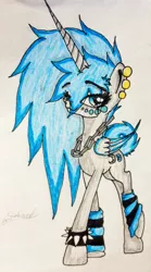 Size: 1714x3087 | Tagged: safe, artist:beamybutt, derpibooru import, oc, oc:moonbeam, unofficial characters only, alicorn, pony, alicorn oc, bust, choker, eyelashes, female, horn, image, jpeg, leg warmers, mare, signature, solo, spiked choker, traditional art, two toned wings, wings