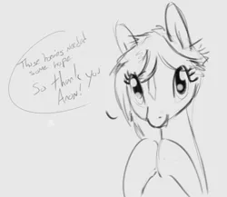 Size: 1103x956 | Tagged: safe, artist:tiffortat, ponified, ponified:verity, earth pony, pony, female, filly, hooves together, image, implied anon, looking at you, monochrome, png, simple background, sketch, smiling, solo, speech bubble, text, verity, white background