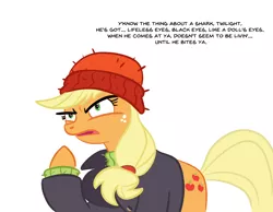 Size: 1300x1008 | Tagged: safe, artist:velgarn, derpibooru import, applejack, earth pony, pony, ppov, captain jackbeard, clothes, cutie mark, female, hat, image, jacket, jaws, mare, png, quint, quote, simple background, solo, sweater, white background