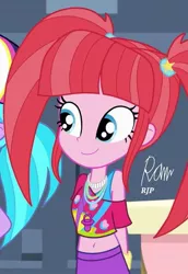 Size: 647x940 | Tagged: safe, artist:rjp.rammy, derpibooru import, edit, pacific glow, equestria girls, clothes, cropped, cute, equestria girls-ified, female, glowbetes, grin, image, jewelry, jpeg, midriff, necklace, pacifier, pants, pigtails, shirt, skirt, smiling, solo focus, t-shirt, tanktop