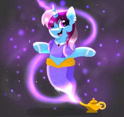 Size: 1275x1200 | Tagged: safe, artist:julie25609, derpibooru import, oc, oc:parcly taxel, unofficial characters only, alicorn, genie, genie pony, pony, unicorn, albumin flask, bracelet, clothes, collar, commission, ear piercing, earring, female, floating, image, jewelry, lamp, looking at you, magic lamp, mare, piercing, png, smiling, solo, sparkles, vest, wingless