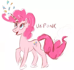 Size: 988x933 | Tagged: safe, artist:tiffortat, pinkie pie, pony, unicorn, leak, confetti, female, g5, image, mare, png, raised hoof, redesign, short mane, sketch, smiling, solo, standing