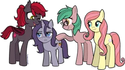 Size: 1300x727 | Tagged: safe, artist:catachromatic, derpibooru import, oc, oc:jubilant, oc:ruby seed, oc:smooth cream, unnamed oc, bat pony, earth pony, pony, unicorn, annoyed, bags under eyes, bat pony oc, bat wings, derpibooru exclusive, earth pony oc, fangs, freckles, full body, glasses, group, group shot, grumpy, horn, image, not fluttershy, png, short, unicorn oc, watermark, wings