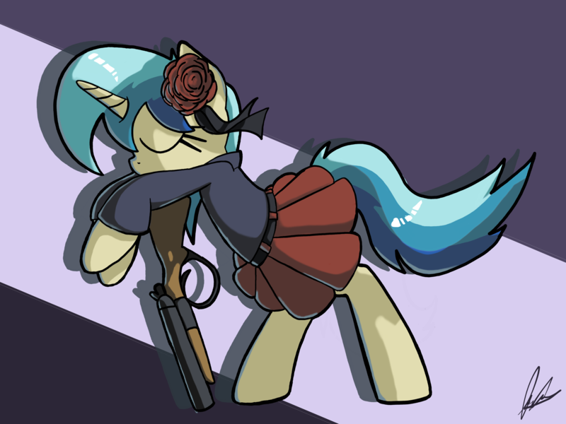 Size: 4000x3000 | Tagged: safe, artist:flaremoon, derpibooru import, oc, oc:mercury haze, pony, unicorn, clothes, female, gun, image, mafia, mare, png, shotgun, skirt, solo, weapon