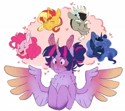 Size: 1330x1182 | Tagged: safe, artist:jesterfestivle, derpibooru import, discord, pinkie pie, princess luna, sunset shimmer, twilight sparkle, twilight sparkle (alicorn), alicorn, draconequus, earth pony, pony, unicorn, alternate hairstyle, blushing, chest fluff, discolight, female, hair bun, hooves to the chest, image, jpeg, lesbian, male, shipping, spread wings, straight, sunsetsparkle, thought bubble, twiluna, twinkie, wingboner, wings