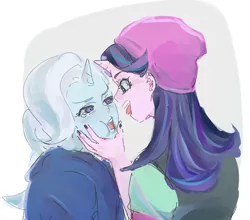 Size: 1024x900 | Tagged: safe, artist:misochikin, derpibooru import, starlight glimmer, trixie, human, equestria girls, beanie, cheek squish, female, hand on face, hat, horn, horned humanization, humanized, image, jpeg, looking at each other, open mouth, squishy cheeks, teary eyes