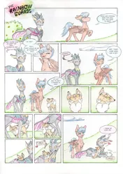 Size: 800x1134 | Tagged: safe, artist:cindertale, derpibooru import, oc, oc:cinder, unofficial characters only, changedling, changeling, deer, pegasus, pony, changedling oc, changeling oc, cheek squish, chest fluff, comic, cute, deer oc, dialogue, eyes closed, heart, image, jpeg, looking back, lying down, male, outdoors, pegasus oc, prone, squishy cheeks, traditional art, wings