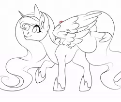 Size: 1080x915 | Tagged: safe, artist:tessa_key_, derpibooru import, princess luna, alicorn, pony, ear fluff, eyelashes, female, hoof shoes, horn, image, jewelry, jpeg, lineart, mare, missing accessory, monochrome, raised hoof, signature, simple background, solo, tiara, white background, wings