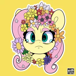 Size: 4000x4000 | Tagged: safe, artist:partylikeanartist, derpibooru import, fluttershy, pegasus, pony, bags under eyes, crossover, crying, eyebrows, floral head wreath, flower, horror, image, looking at you, midsommar, parody, png, solo