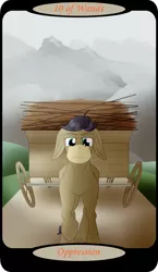 Size: 1500x2591 | Tagged: safe, artist:sixes&sevens, derpibooru import, part of a set, cranky doodle donkey, donkey, cart, frown, image, male, minor arcana, mountain, mountain range, outdoors, png, solo, stick, tarot card, ten of wands