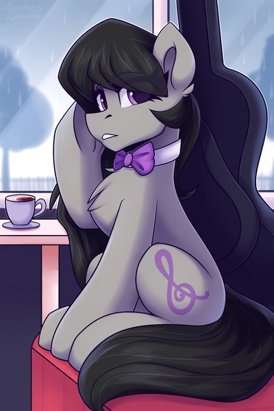 Size: 1400x2100 | Tagged: safe, artist:shadowreindeer, derpibooru import, octavia melody, earth pony, pony, bowtie, chest fluff, coffee, image, jpeg, looking at you, rain, sitting, solo, underhoof, window