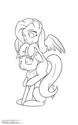 Size: 1200x1920 | Tagged: safe, artist:tenart, derpibooru import, big macintosh, fluttershy, earth pony, pegasus, pony, black and white, female, floppy ears, fluttermac, grayscale, image, lineart, male, mare, missing cutie mark, monochrome, png, pony hat, shipping, simple background, stallion, straight, white background