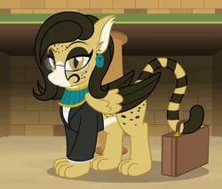 Size: 2340x1995 | Tagged: safe, artist:badumsquish, derpibooru import, oc, oc:sourpuss, unofficial characters only, cheetah, sphinx, blaze (coat marking), bricks, briefcase, clothes, derpibooru exclusive, dreamworks face, ear fluff, ear piercing, earring, egyptian, eyeshadow, folded wings, freckles, frown, glasses, image, jewelry, lawyer, looking at you, makeup, necklace, piercing, png, prehensile tail, pyramid, raised eyebrow, shirt, show accurate, solo, spots, stern, striped tail, suit, tail hold, wings