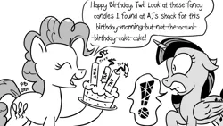Size: 1200x675 | Tagged: safe, artist:pony-berserker, derpibooru import, pinkie pie, twilight sparkle, twilight sparkle (alicorn), alicorn, earth pony, pony, birthday, birthday cake, cake, dialogue, dynamite, explosives, eyes closed, female, food, happy, image, mare, monochrome, png, pony-berserker's twitter sketches, simple background, speech bubble, stippling, terrified, this will end in death, this will end in explosions, this will end in pain, this will end in tears, this will end in tears and/or death, this will not end well, tnt, white background