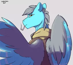 Size: 2253x2000 | Tagged: safe, artist:flashnoteart, derpibooru import, oc, oc:altocumulus, pegasus, bags under eyes, bust, clothes, colored, folded wings, goggles, image, looking at you, male, png, portrait, smoking, solo, spread wings, wings