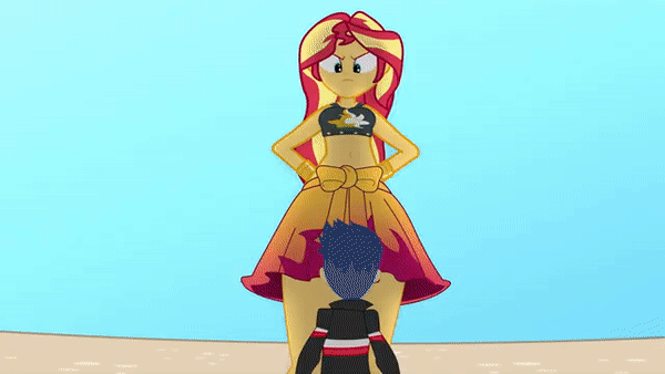 Size: 600x338 | Tagged: safe, artist:a giant woman, derpibooru import, flash sentry, sunset shimmer, equestria girls, belittling, breasts, cleavage, clothes, downblouse, female, giantess, gif, gritted teeth, humiliation, image, macro, male, micro, open mouth, rageset shimmer, sarong, shrinking, size difference, swimsuit, yelling, youtube link