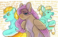 Size: 1280x826 | Tagged: safe, artist:mylittlegami, derpibooru import, fluttershy, lightning dust, zephyr breeze, pegasus, pony, argument, colored wings, eyebrows, fluttershy is not amused, image, jpeg, siblings, text, unamused, wings