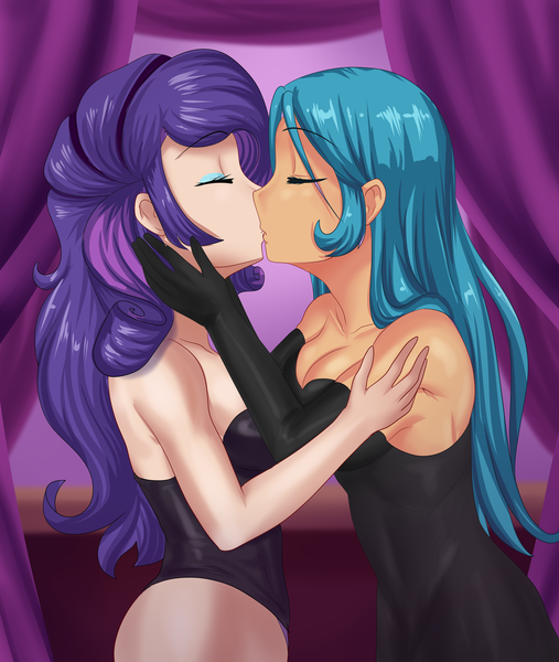 Size: 1731x2048 | Tagged: source needed, suggestive, artist:thebrokencog, derpibooru import, queen chrysalis, rarity, human, fanfic, bare shoulders, black dress, breasts, busty queen chrysalis, busty rarity, canterlot club, clothes, commission, dress, eyes closed, eyeshadow, fanfic art, female, females only, gloves, humanized, image, kissing, lesbian, little black dress, makeup, png, rarilis, reversalis, seduction, shipping