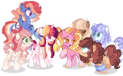 Size: 1137x703 | Tagged: safe, artist:skylerdream07, derpibooru import, luster dawn, oc, oc:apple biscuit, oc:astral star, oc:chocolate pie, oc:rainbow wind, oc:royal crown, oc:sweet cake, alicorn, earth pony, pegasus, pony, unicorn, the last problem, alicorn oc, base used, colored pupils, colored wings, colored wingtips, earth pony oc, eye clipping through hair, female, hair over one eye, hair ribbon, half-siblings, heart eyes, horn, image, magical lesbian spawn, mare, multicolored wings, next generation, offspring, parent:applejack, parent:big macintosh, parent:caramel, parent:cheese sandwich, parent:fancypants, parent:fluttershy, parent:pinkie pie, parent:rainbow dash, parent:rarity, parent:soarin', parent:twilight sparkle, parents:carajack, parents:cheesepie, parents:fluttermac, parents:raripants, parents:soarindash, parents:twidash, pegasus oc, png, simple background, socks (coat marking), sweatband, transparent background, unicorn oc, wingding eyes, wings