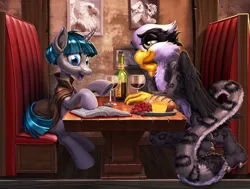 Size: 2800x2119 | Tagged: safe, artist:harwick, derpibooru import, glenda, rainbow dash, stygian, gryphon, alcohol, book, bread, cherry, commission, duo focus, female, food, glass, image, jpeg, lidded eyes, male, open mouth, place, sitting, table, wine, wine glass