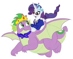 Size: 1600x1288 | Tagged: safe, artist:aleximusprime, derpibooru import, rarity, spike, dragon, pony, unicorn, bowtie, clothes, commission, crown, duo, female, flying, image, jewelry, male, older, older rarity, older spike, png, regalia, shipping, simple background, sparity, straight, tiara, transparent background, vector, winged spike