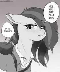 Size: 1251x1500 | Tagged: safe, artist:to_fat_to_fly, marble pie, earth pony, pony, backpack, blushing, clothes, dialogue, eye clipping through hair, female, floppy ears, hair over one eye, image, jpeg, lidded eyes, looking at you, manga style, mare, open mouth, solo