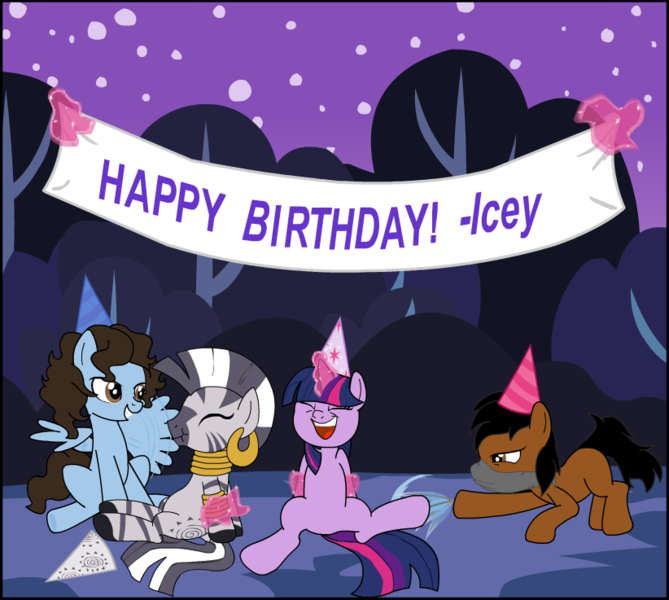 Size: 822x737 | Tagged: safe, artist:darktailsko, derpibooru import, twilight sparkle, twilight sparkle (alicorn), zecora, oc, oc:badgering badger, oc:nazreen, alicorn, earth pony, pegasus, pony, zebra, arm behind back, banner, birthday, birthday gift, blank flank, bondage, bracelet, bush, canon x oc, commission, ear piercing, earring, eyes closed, face mask, feather, female, glowing horn, grin, hat, hoof tickling, horn, image, jewelry, laughing, levitation, magic, magical bondage, male, mare, mask, neck rings, night, open mouth, party hat, piercing, png, self bondage, smiling, stallion, straight, telekinesis, tickle torture, tickling, tree