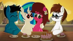 Size: 7680x4320 | Tagged: safe, artist:agkandphotomaker2000, derpibooru import, vinyl scratch, oc, oc:brain teaser, oc:pony video maker, oc:rose bloom, earth pony, pegasus, pony, unicorn, absurd resolution, afternoon, birthday, birthday cake, brainbloom, cake, candle, canon x oc, double date, eating, female, flower pin, food, glasses, hanging out, hoof on shoulder, image, lunch, male, oc x oc, plate, png, ponyville, shipping, straight, sunset, table, videoscratch