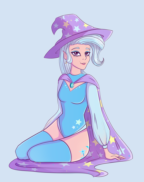 Size: 2368x3000 | Tagged: safe, artist:silverst, derpibooru import, trixie, human, cape, clothes, derpibooru exclusive, elf ears, female, hat, high res, humanized, image, png, simple background, smiling, solo, trixie's cape, trixie's hat