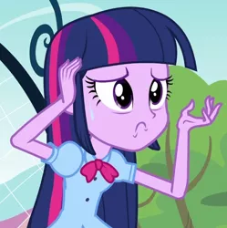 Size: 543x546 | Tagged: safe, derpibooru import, screencap, twilight sparkle, equestria girls, equestria girls (movie), cropped, hand on head, image, jpeg, solo, sweat, sweatdrop