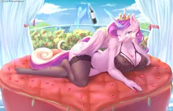 Size: 3059x1970 | Tagged: suggestive, artist:viejillox64art, derpibooru import, princess cadance, alicorn, anthro, plantigrade anthro, bedroom eyes, big breasts, bottle, bra, breasts, busty princess cadance, champagne glass, clothes, curtains, female, flower, high res, image, levitation, lingerie, looking at you, lying down, magic, milf, one eye closed, panties, png, rose, rose petals, socks, solo, solo female, stockings, telekinesis, thigh highs, underwear, wine bottle, wink, winking at you