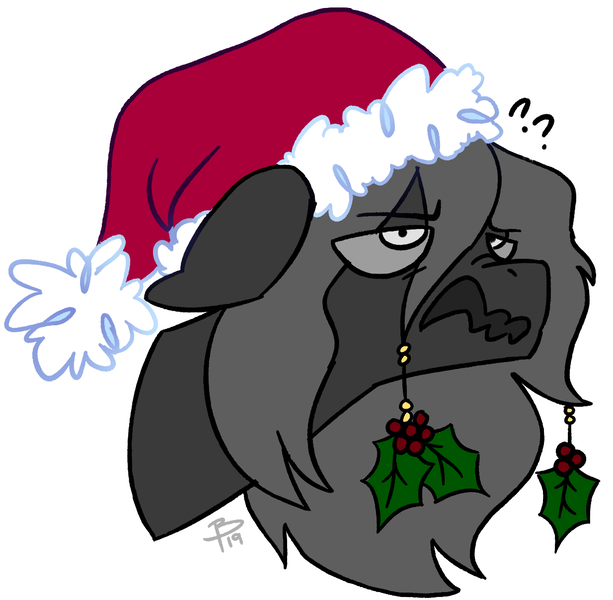 Size: 1234x1208 | Tagged: source needed, safe, artist:flutterbree, derpibooru import, oc, oc:boogeymare, unofficial characters only, bust, christmas, confused, floppy ears, hat, holiday, holly, image, it chrismas, nose wrinkle, png, question mark, santa hat, simple background, solo, strangefu, wavy mouth, white background