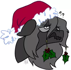 Size: 1234x1208 | Tagged: source needed, safe, artist:flutterbree, derpibooru import, oc, oc:boogeymare, unofficial characters only, bust, christmas, confused, floppy ears, hat, holiday, holly, image, it chrismas, nose wrinkle, png, question mark, santa hat, simple background, solo, strangefu, wavy mouth, white background