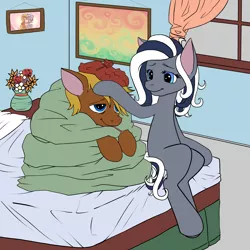 Size: 5000x5000 | Tagged: safe, artist:flutterbree, derpibooru import, oc, oc:6pony66, oc:flutterbree, unofficial characters only, earth pony, pegasus, pony, absurd resolution, bedside, blanket, caring for the sick, earth pony oc, female, ice pack, image, male, mare, pegasus oc, png, sick, stallion, thermometer, wings
