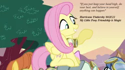 Size: 1000x558 | Tagged: safe, artist:ncolque, derpibooru import, edit, edited screencap, screencap, fluttershy, pegasus, hurricane fluttershy, season 2, cute, goggles, image, offscreen character, png, quote, solo focus, waving