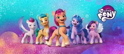 Size: 1640x720 | Tagged: safe, derpibooru import, hitch trailblazer, izzy moonbow, pipp petals, sunny starscout, zipp storm, earth pony, pegasus, unicorn, g5, group shot, image, logo, my little pony logo, png