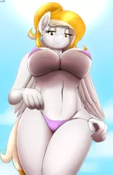Size: 3192x4952 | Tagged: suggestive, artist:an-tonio, derpibooru import, oc, oc:rita cloudy, unofficial characters only, anthro, pegasus, pony, bedroom eyes, belly button, big breasts, bikini, breasts, clothes, ear fluff, ear piercing, earring, erect nipples, female, high res, image, jewelry, looking at you, looking down, mare, milf, nipple outline, offscreen character, piercing, png, pov, smiling, solo, solo female, swimsuit, wide hips