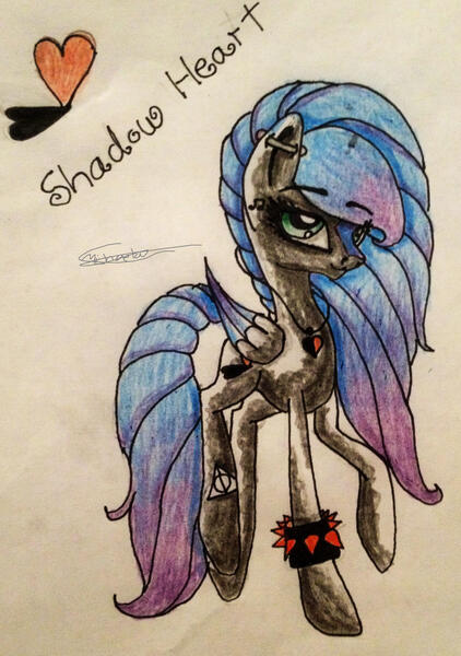 Size: 1811x2574 | Tagged: safe, artist:beamybutt, derpibooru import, oc, oc:shadow heart, unofficial characters only, pegasus, pony, bracelet, ear piercing, eyelashes, female, image, jpeg, mare, pegasus oc, piercing, raised hoof, solo, spiked wristband, traditional art, wings, wristband