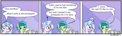 Size: 2500x737 | Tagged: suggestive, artist:davierocket, derpibooru import, sandbar, silverstream, blushing, cans, comic, duo, food, gay, image, imminent blowjob, imminent oral, imminent sex, implied gallbar, male, oblivious, pineapple, png, shipping, spoon, text